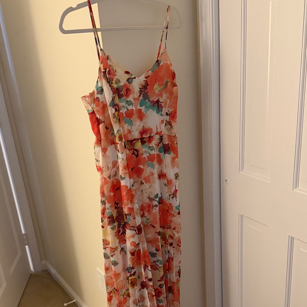Crescent Coral and Cream Floral Spaghetti-Strap Maxi Dress